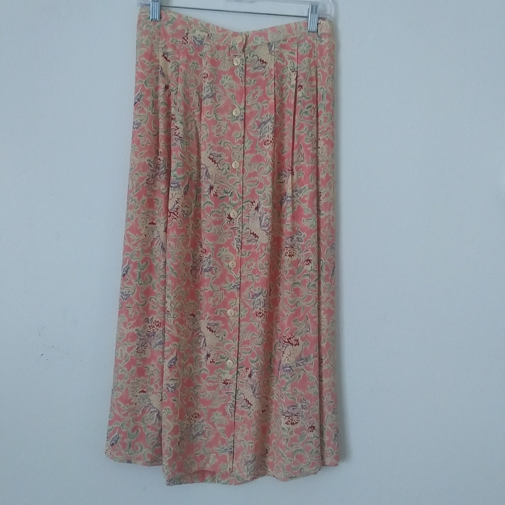 Vintage Button-Front Skirt, Peach/Pink Floral Print